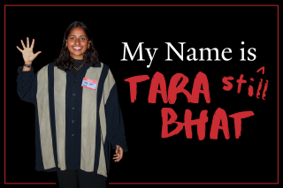 &quot;My Name is ^still TARA BHAT&quot; with Tara waving in a large bowling shirt