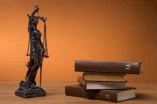 Law books and statue