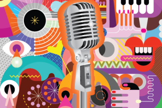 Fun graphic. Vintage microphone surrounded by hears, smiles, hands and more.