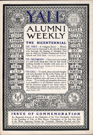 A mostly black and white page of an old issue of Yale Alumni Weekly.