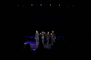 Bryce Dessner, Katia & Marielle Lebeque, and David Chalmin join hands and stand for a final bow