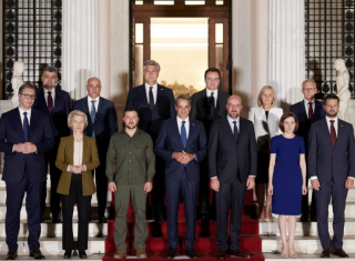 President Aleksandar Vučić, President Maia Sandu, President Volodymyr Zelenskyy, President Jakov Milatović, Prime Minister Kyriakos Mitsotakis, Prime Minister Ion-Marcel Ciolacu, Prime Minister Albin Kurti, Chairwoman of the Council of Ministers Borjana Krišto, Prime Minister Dimitar Kovachevski, Prime Minister Nikolai Denkov, and Prime Minister Andrej Plenković, in the presence of the President of the European Council and the President of the European Commission.