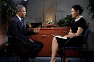 Interviewing President Obama in a well lit studio setting.