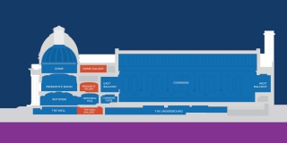 A cross section of Yale Schwarzman Center, with gallery spaces highlighted in orange