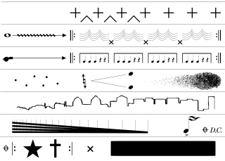 Musical score composed with symbols such as plus signs, crosses, starts, city scapes, dots and arrows.